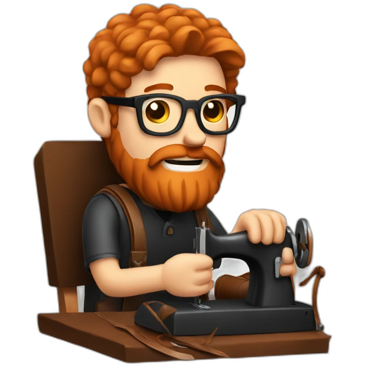 Red haired man with beard and glasses hand sewing a leather saddle emoji