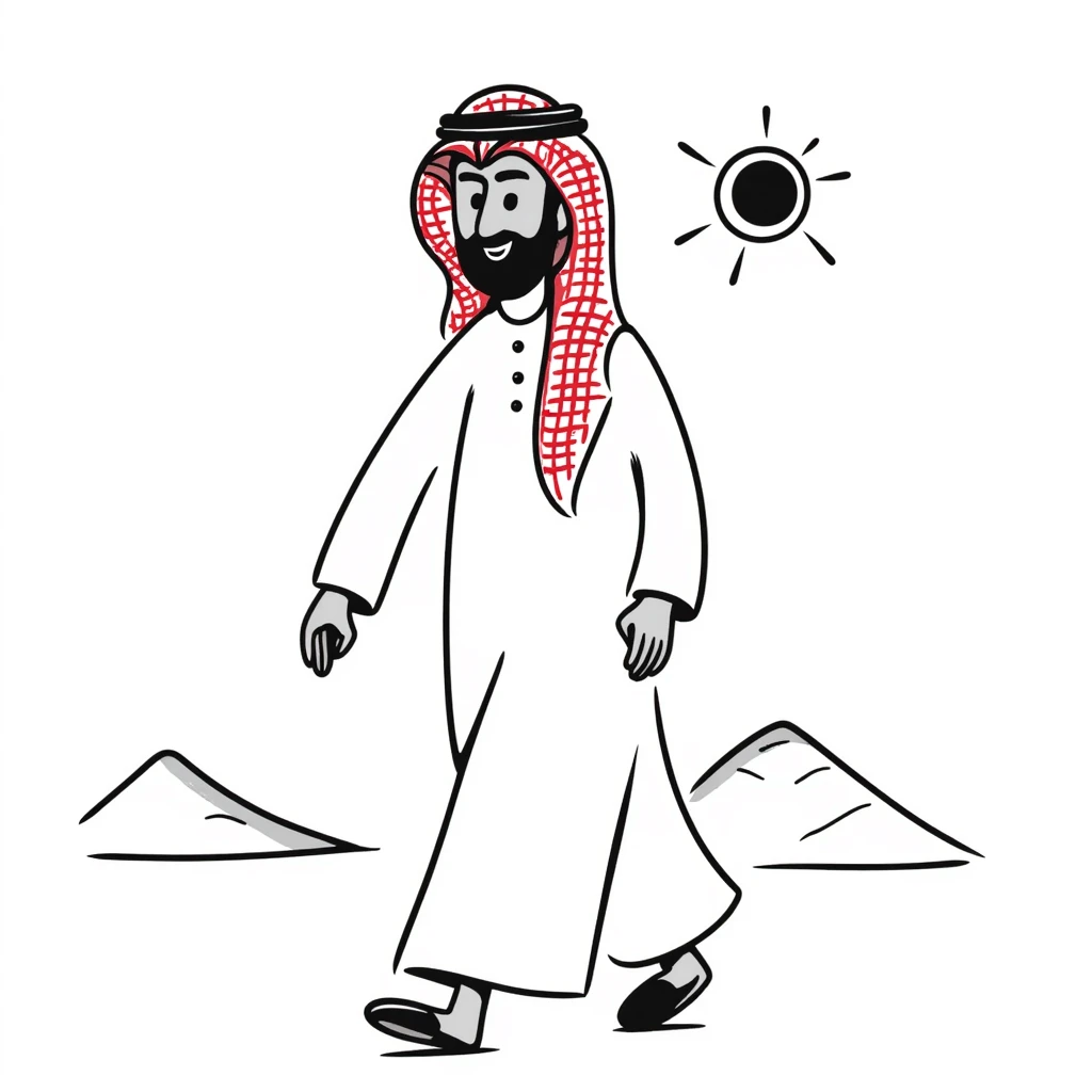 Arab man walking in desert, wearing white thobe and red checkered keffiyeh emoji
