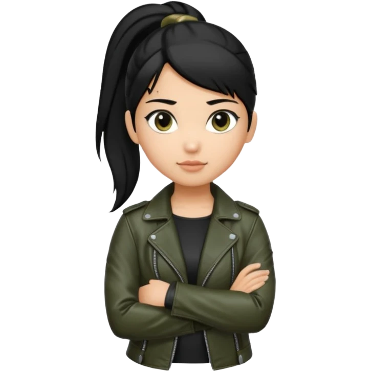 A girl with a pony tail black hair and olive ish skin, Asian eyes, with a black jacket and a black purse with arms crossed  emoji