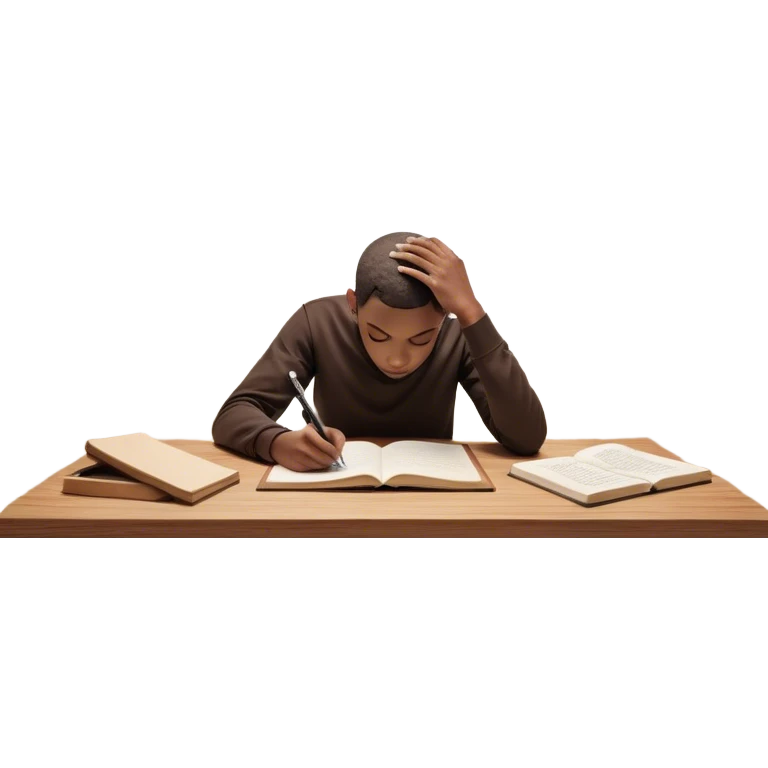 A person sits at a desk with their head down, surrounded by swirling stress clouds. In front of them, a glowing version of their "future self" reaches out, handing them a pen. As they take the pen, the stress clouds begin to dissolve, symbolizing how action breaks procrastination  emoji