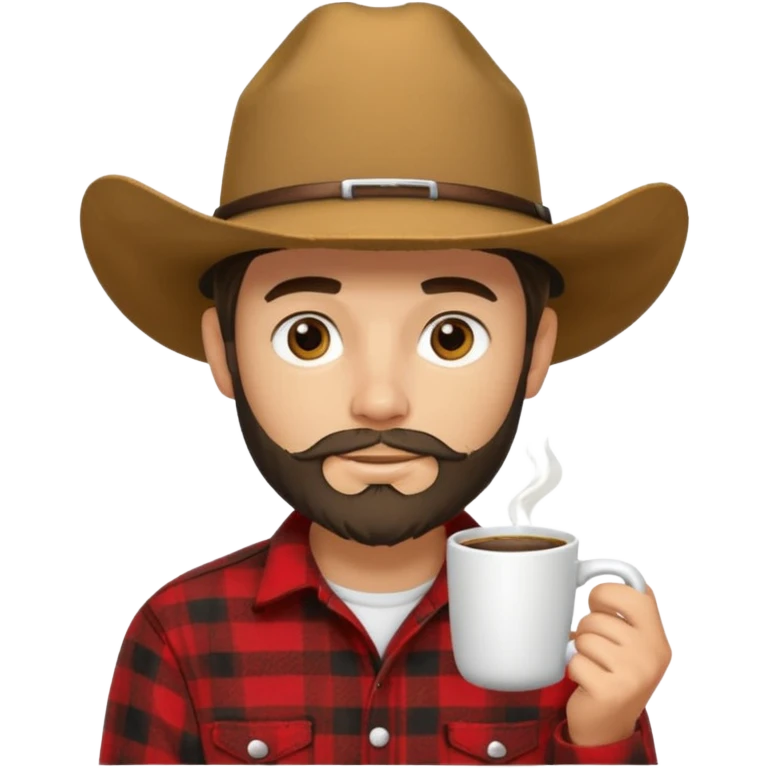 generate an ios genmoji of a 20 year old tan boy with a cowboy hat and side burn beard. Wearing a flannel and carrying a coffee mug emoji