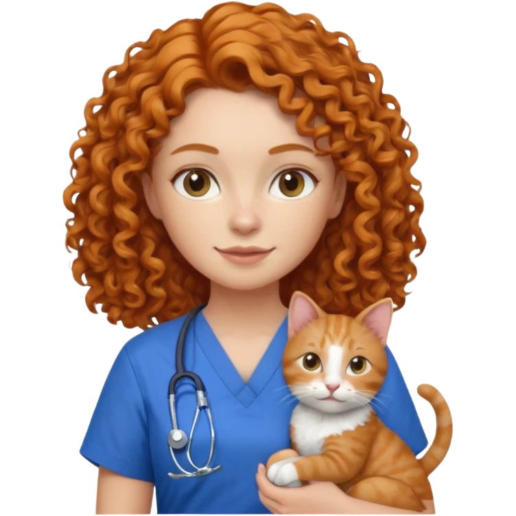 a ginger curly hair vet woman with blue scrub holding a cat emoji