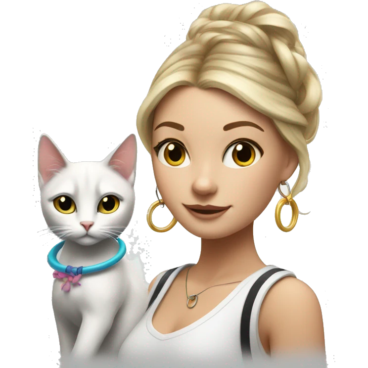 White girl with hoop earrings and hula hoop with white and black cat emoji