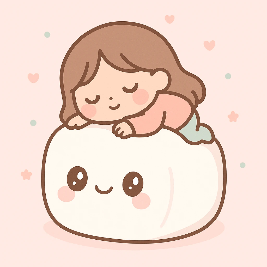 brunette girls napping on a fluffy marshmallow, cozy, gentle lighting, cute illustration, soft pastel colors emoji