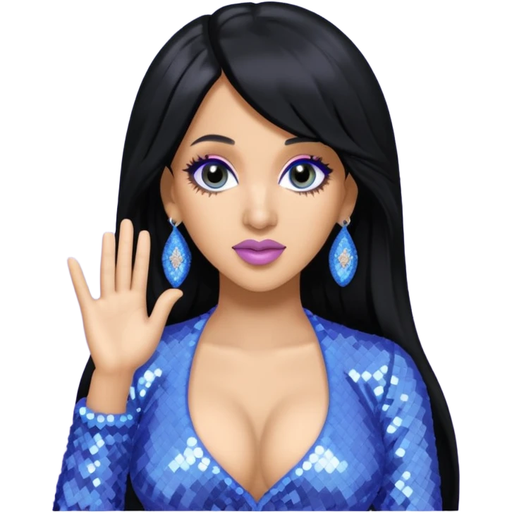 Cardi B with long black hair, light periwinkle sequin outfit emoji