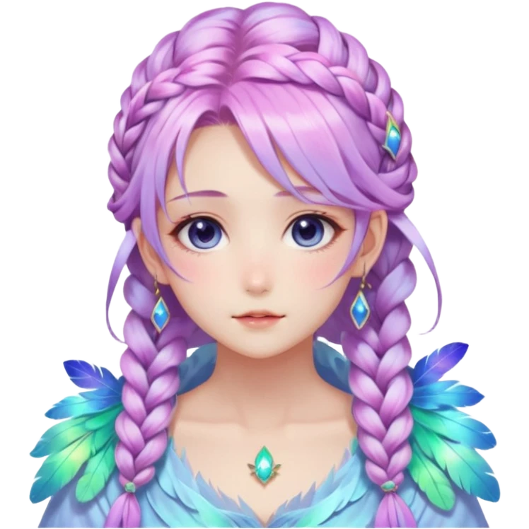 Beautiful gorgeous anime lady with beautiful iridescent-nebula-braided-hair, fashion aesthetic, ethereal, fairycore, pastelcore, feathers emoji