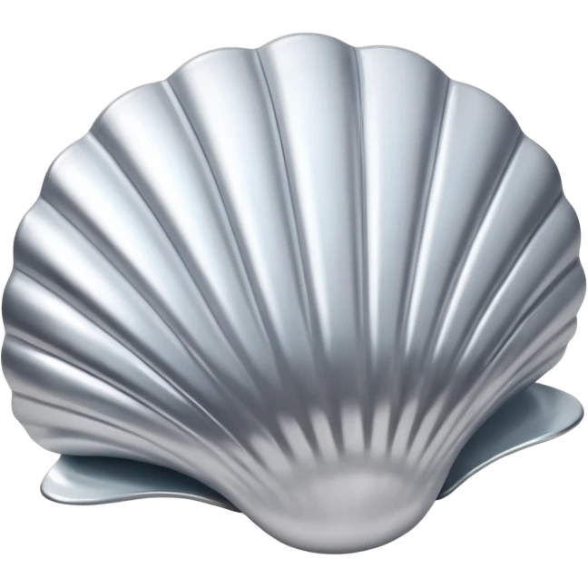 A seashell emoji made of polished silver chrome, smooth curved surface, reflective metallic highlights, elegant minimal design, iOS emoji style, centered, clean white background, soft lighting emoji