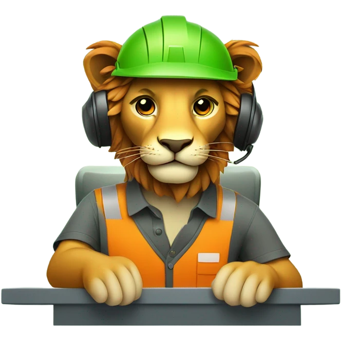 Lion wear safety helmet as call center in green and orange theme emoji