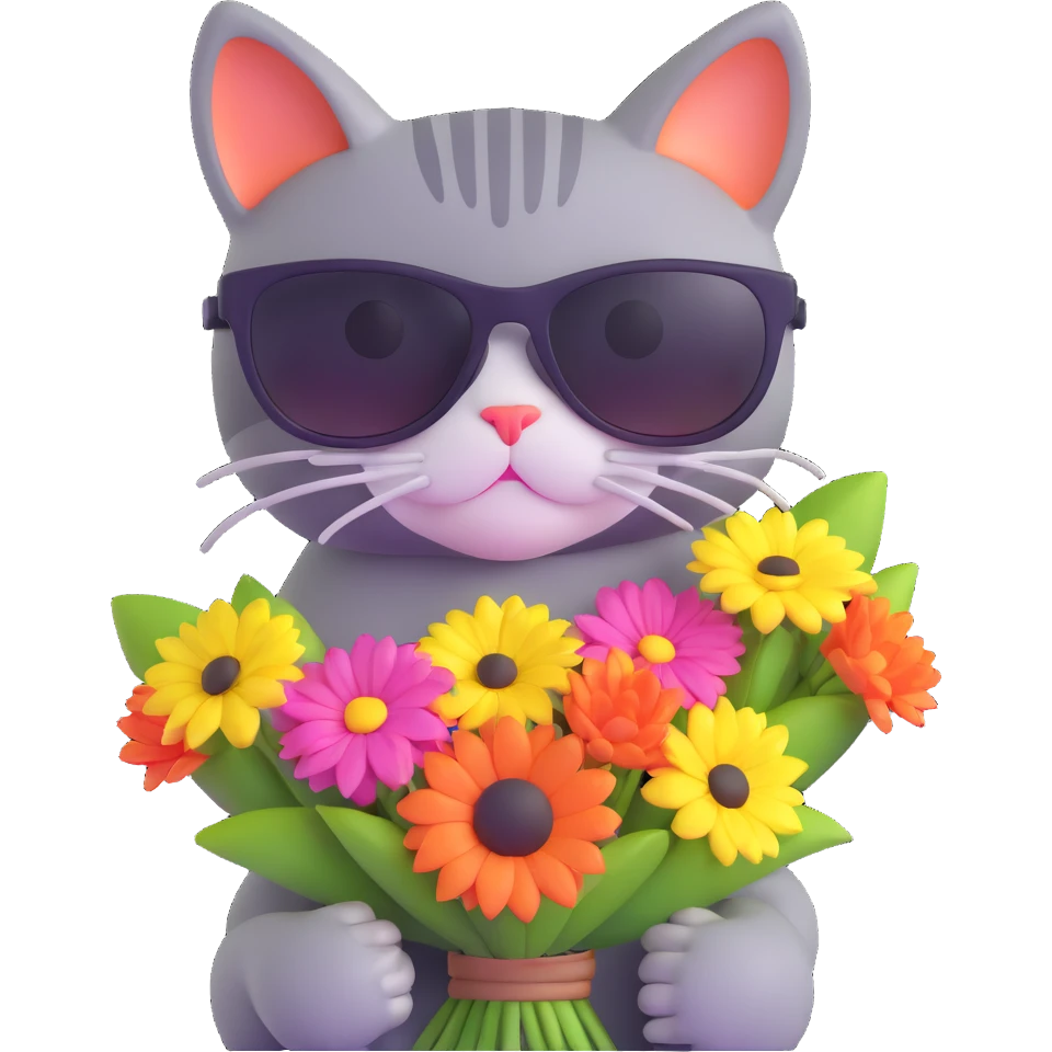 cat wearing sunglasses holding a bouquet of flowers emoji