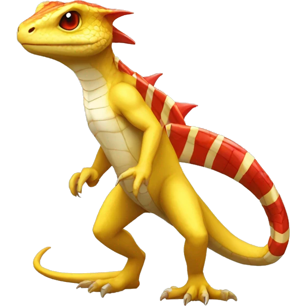 A Yellow Shiny Anthro-Scalie-Lizard-Reptile-Salamandrian-Fakémon with red stripes Full Body emoji