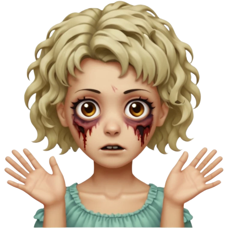 Cabelo ondulado  um pouco cheio e franja curta  Olhos marrons e pequenos e feita d ezumbi mais bonita com cabelo amarro na e com as mãos assim tipo assim🧟‍♀️ emoji