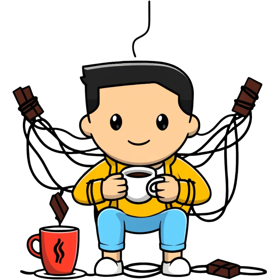 crazy coder with coffee spills and tangled wires emoji