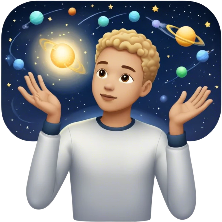 A young man floats in space, touching a particle that glows and expands, shaping the universe around him. Each touch creates new light, symbolizing how his choices build his own reality. emoji