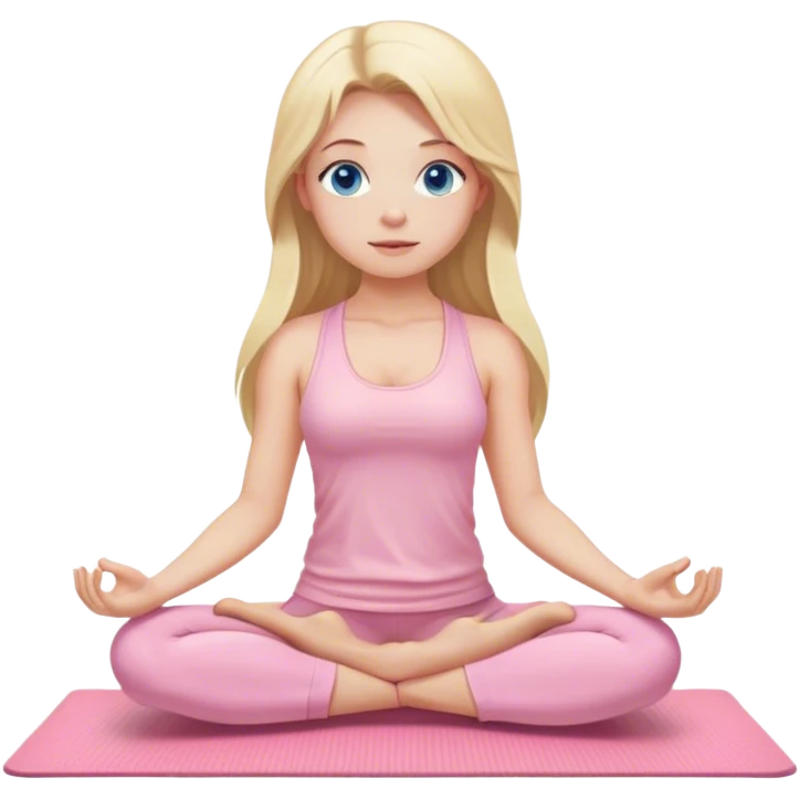 A yoga girl with blonde long hair and blue eyes in light pink clothes is sitting on a yoga mat emoji