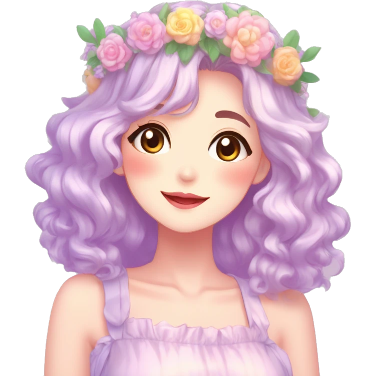 Gorgeous Shiny Colorful Pastel Anime Style Mature Lady with blushing face and pretty hair with a flower crown pastelcore kawaii cottagecore fairycore aesthetic trending style emoji