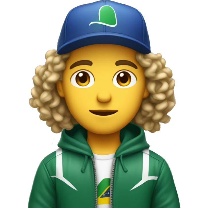 young white guy with small wavy hair with brazilian race jacket and hat serious emoji
