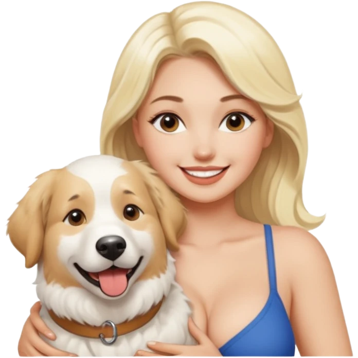Sexy blonde girl with large breasts and a great pyrness dog next to her. emoji
