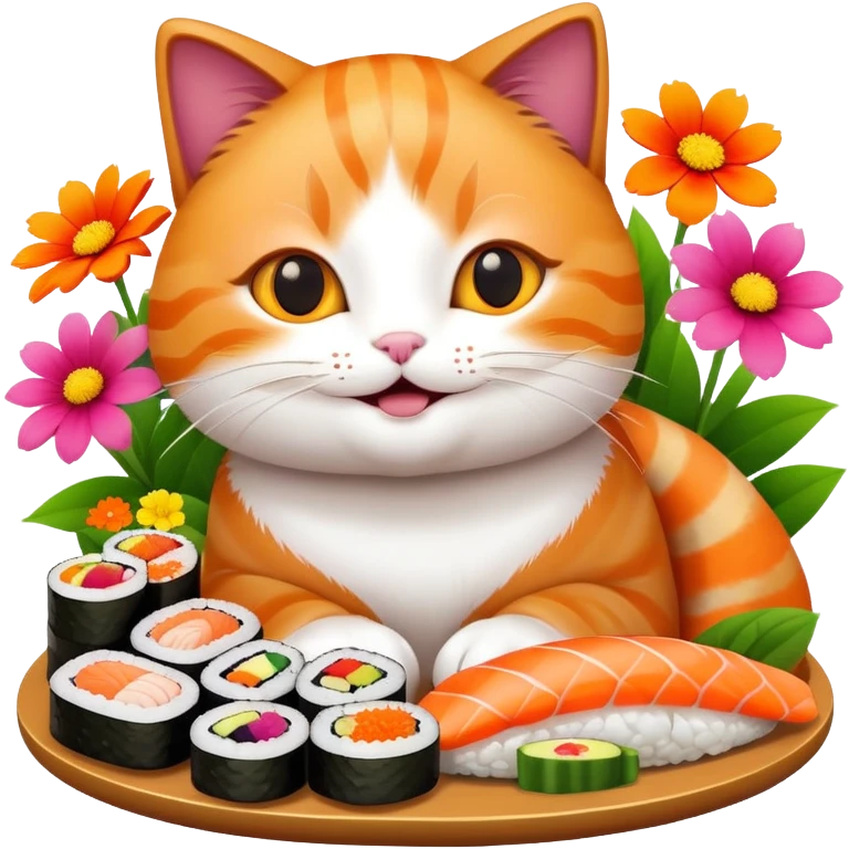 happy cat with flowers and sushi emoji