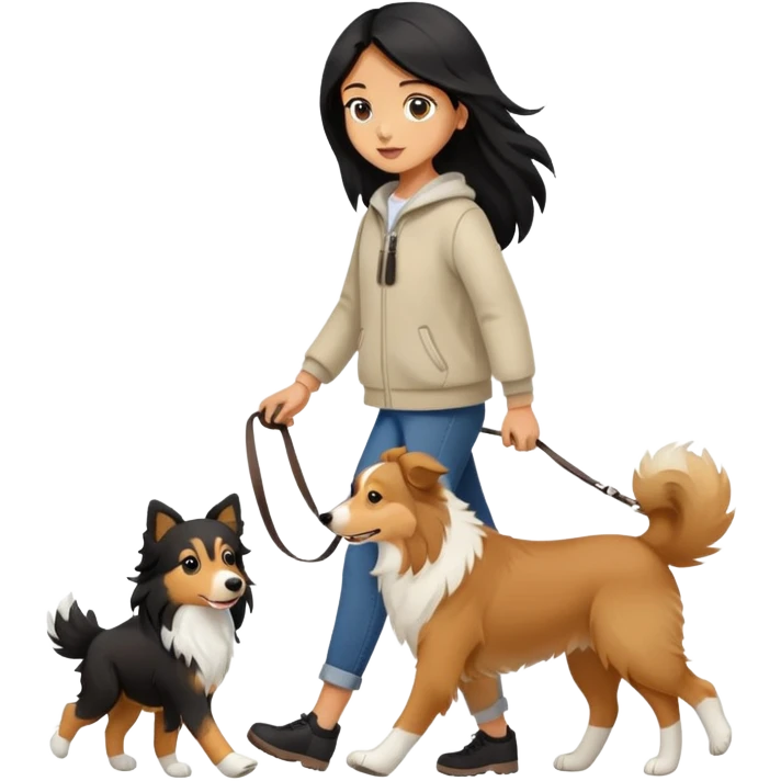 A girl with long black hair walking with a light brown collie emoji
