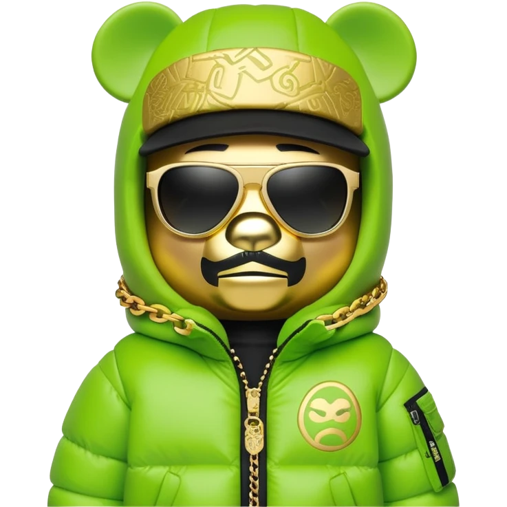 bearbrick toy with cubic head wearing a lime green balaclava with graffiti logos, wide single-piece visor sunglasses spanning entire face width, not divided for eyes, oversized puffy jacket with fur hood, gold chains emoji