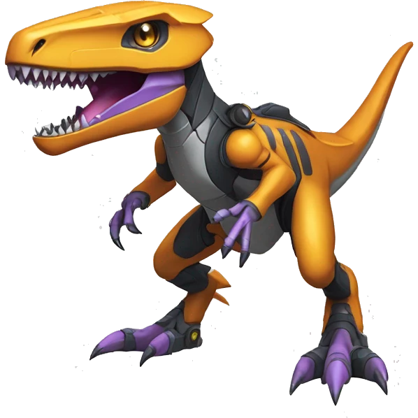Colorful Edgy Greymon-Velociraptor-Genesect-Fakémon-Pokémon wearing a with a futuristic helmet And suit Full Body emoji