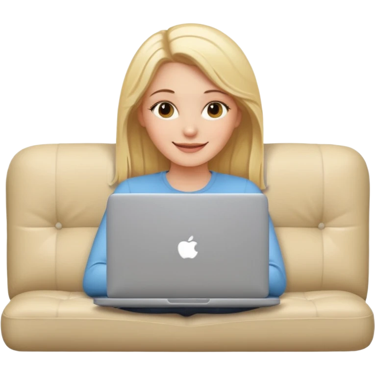 A white girl is lying on a sofa with a laptop emoji