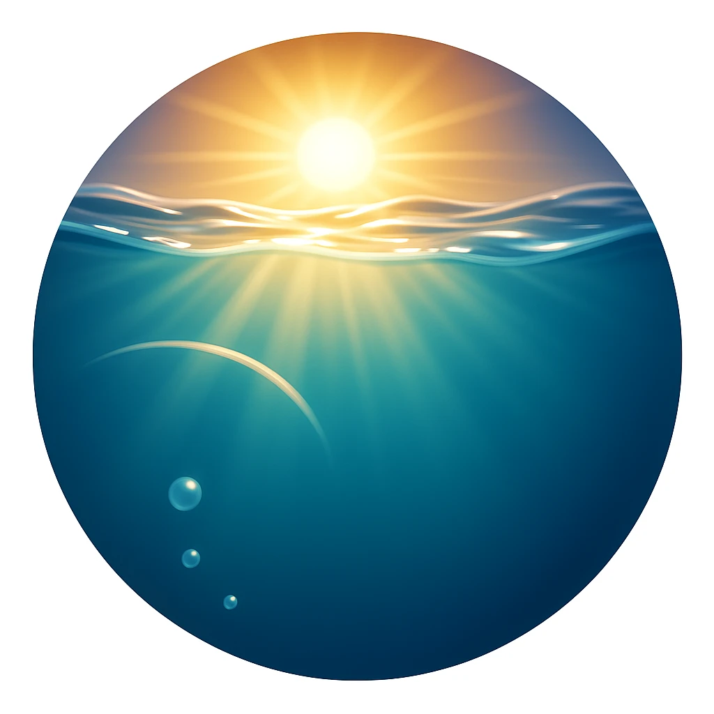 Create an underwater emoji that looks exactly like the reference image in iOS emoji style. The emoji should have a 3D appearance with shiny, smooth gradients, soft shadows, and sunlight filtering through water, capturing the classic emoji look. Add a glossy effect to the water surface. emoji