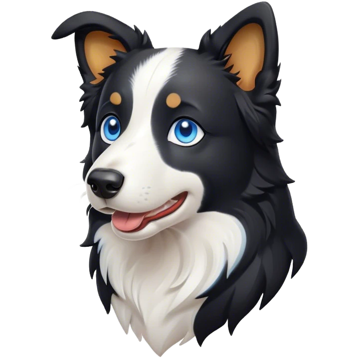 Cinematic Cute Border Collie Portrait Emoji, Head tilted playfully and inquisitively, with a sleek black and white coat and bright, sparkling blue eyes filled with curiosity, Simplified yet irresistibly adorable features, highly detailed, glowing with a warm, friendly glow, high shine, energetic and affectionate, stylized with a touch of whimsy, bright and endearing, soft glowing outline, capturing the essence of a mischievous yet loving pup, so playful it feels like it could bound out of the screen and into your arms! emoji