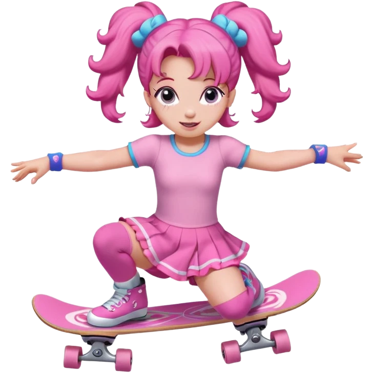 Cute skater girl pinkie pie with two buns and pink outfit, gliding with playful energy. emoji