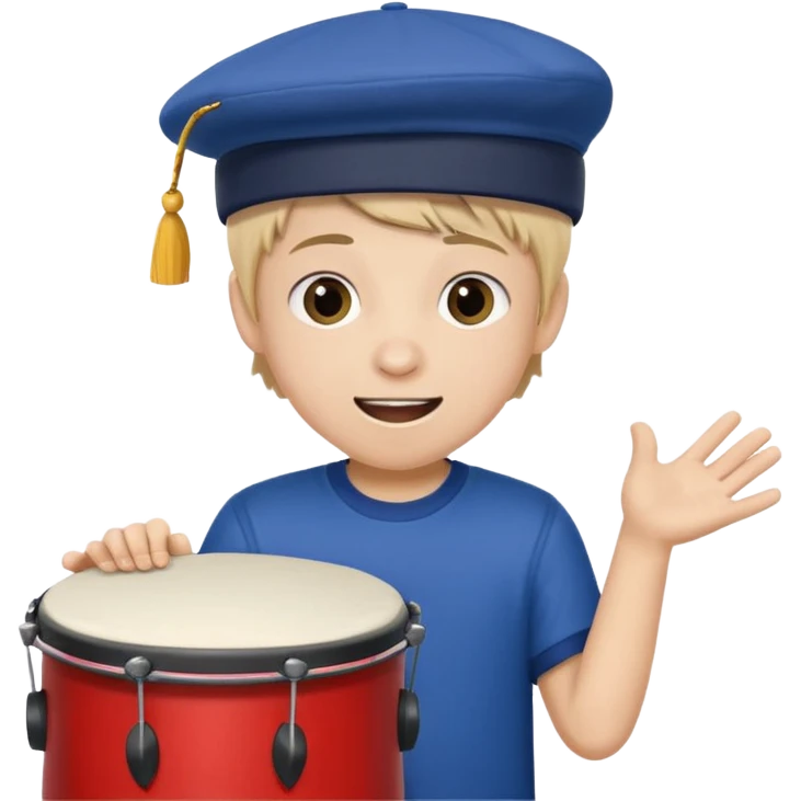 A young boy with a cap, wearing team colors, banging a small drum excitedly. emoji