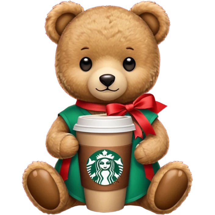 smooth texture teddy bear with red ribbon and starbucks coffee emoji
