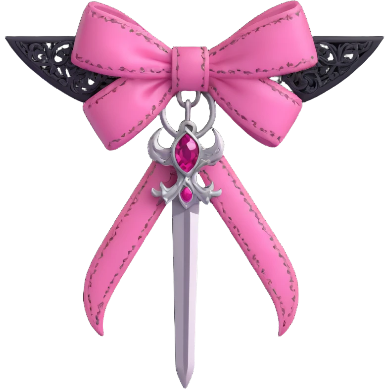3D emoji style pink bow with gothic effect, black lace trim, silver dagger charm, and deep pink gemstone emoji