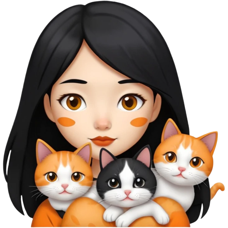 Help me make an emoii style picture of an Asian girl with long black hair holding two cats. One cat has a black and white hair, with a black spot under the left side of her nose; another cat is a short-haired orange and white cat, with orange spots around his nose and mouth. emoji