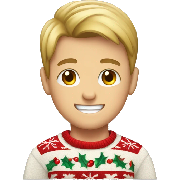 Young white boy with Christmas sweater on with a smile  emoji