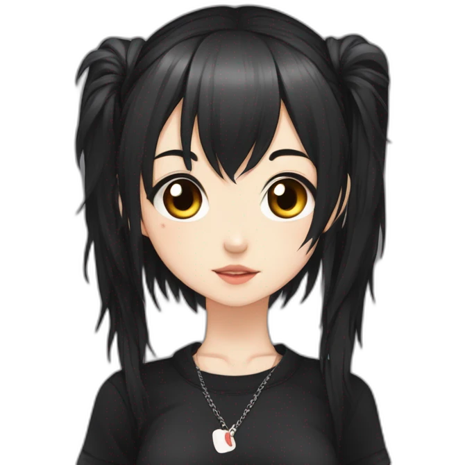 Young cute anime girl, black twin tail hair, band-aid on nose and cheek, spiked choker, wearing black shirt emoji