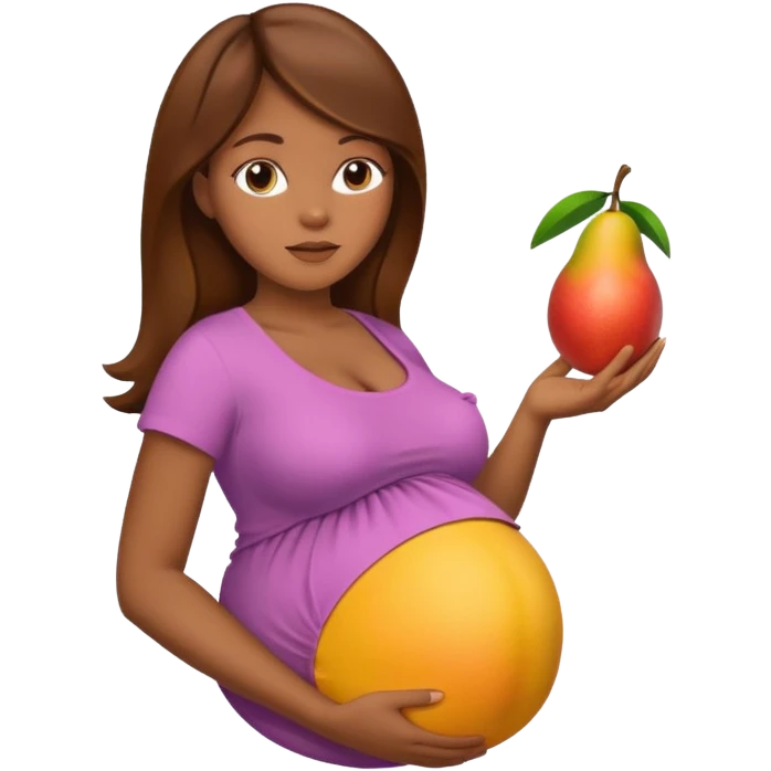 Pregnant woman brown hair with mango in belly emoji