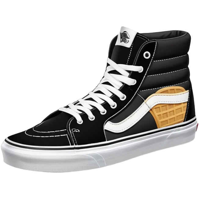 Black Vans Sk8-Hi shoes arranged as a neat pair with the back shoe slightly offset behind the front one, detailed high tops with signature white stripe and waffle soles emoji