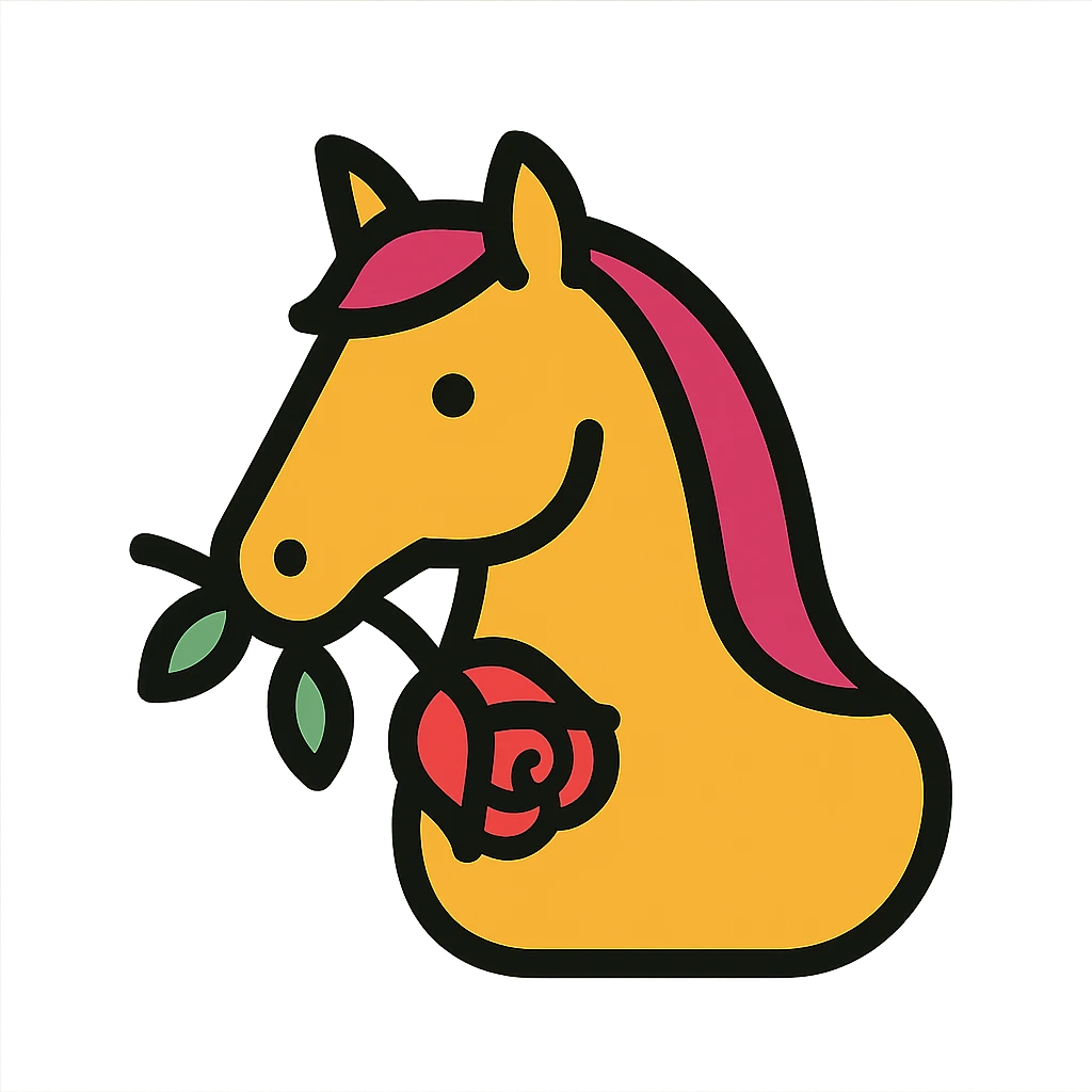 stylized minimalistic horse with a rose in its mouth emoji