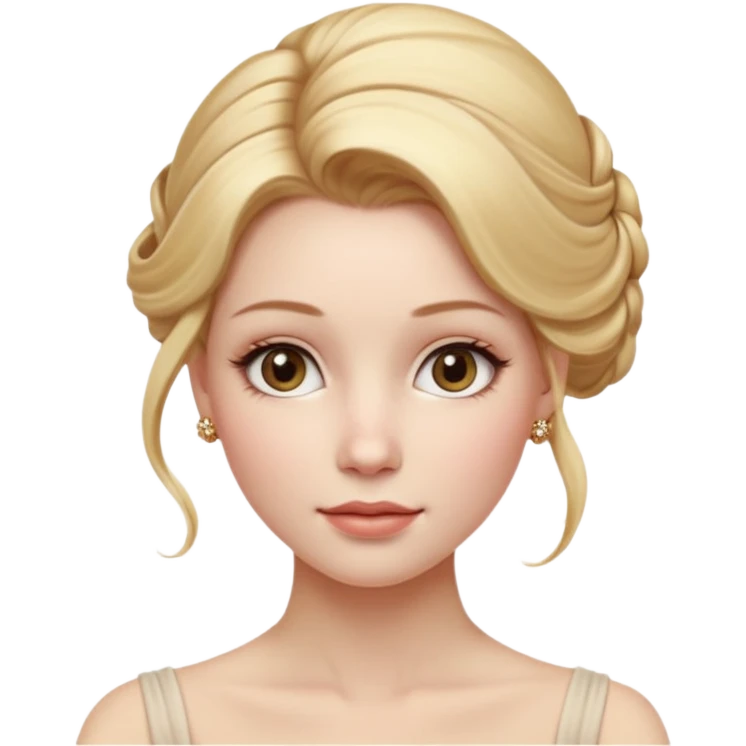Cinematic Realistic Rococo Portrait, depicted with lifelike skin texture, subtle rosy undertones, and soft natural lighting that enhances the gentle contours of her face. Her intricately detailed golden blonde hair is elegantly styled in an updo, emoji