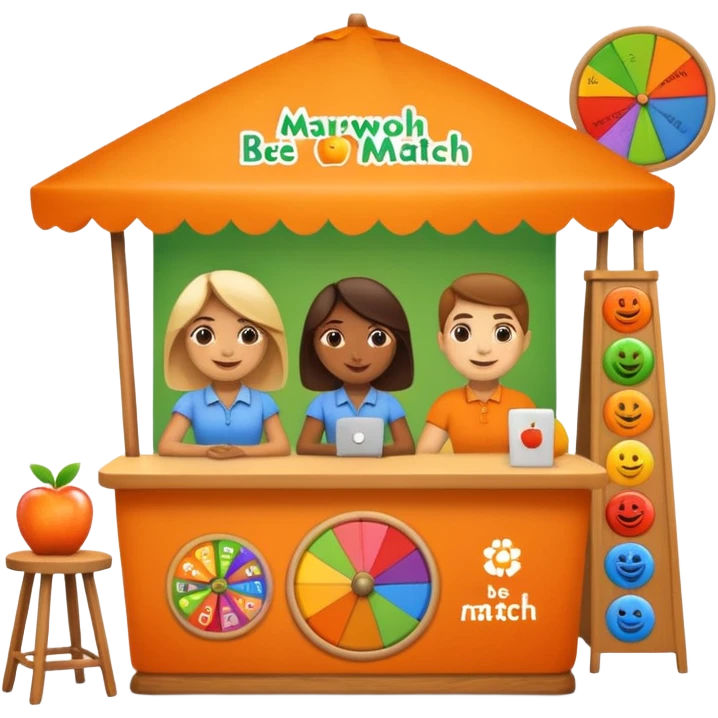 pple-style emoji of a recruitment booth. Two cartoon figures stand behind an orange table with 'MARROW, be a match' branding, a colorful spinning wheel, and a branded vertical banner. Simplified and cute emoji