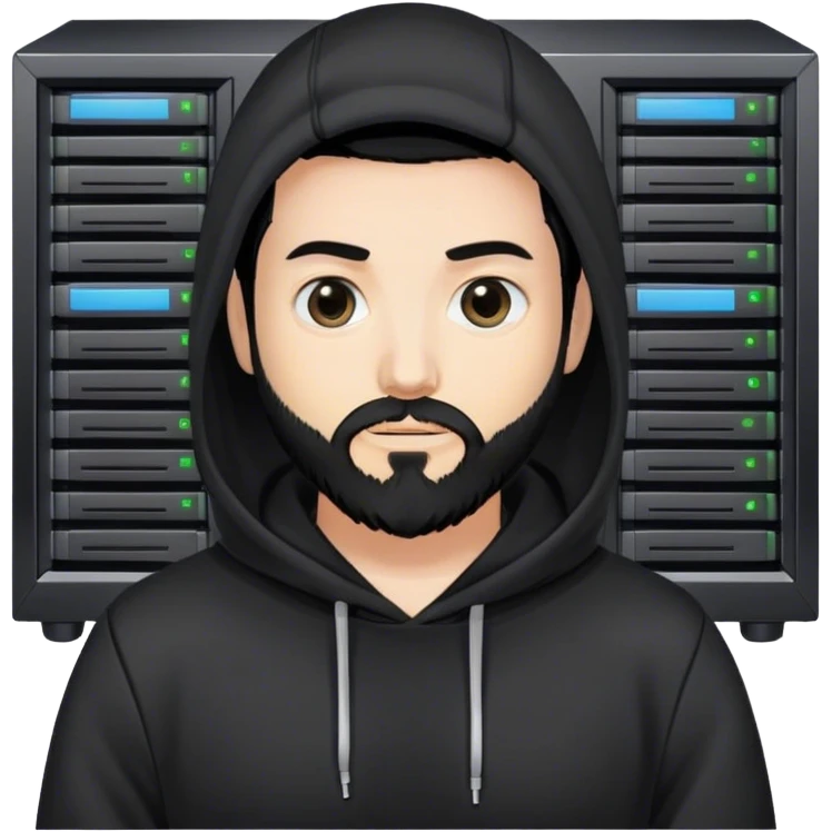 hackeur blanc cheveux noir barbe et capuche noir à côté d'un server ia emoji