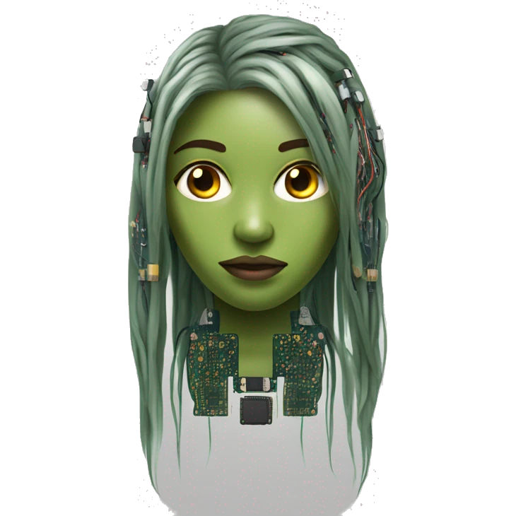 Olive green long hair female cyborg head with circuits emoji