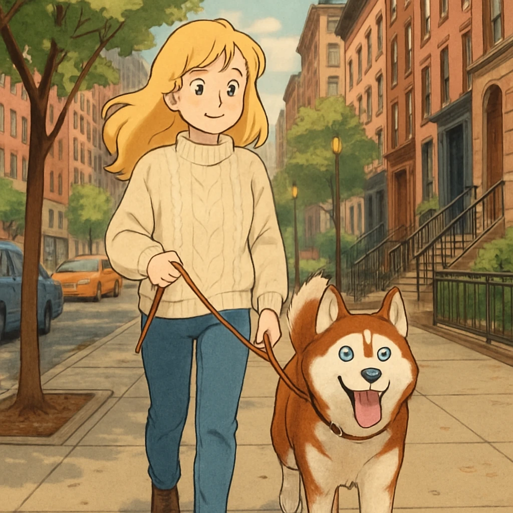 Cute Blonde woman wearing a sweater walking a happy red-brown blue-eyed Siberian husky in New York City on an upper east side city sidewalk  emoji