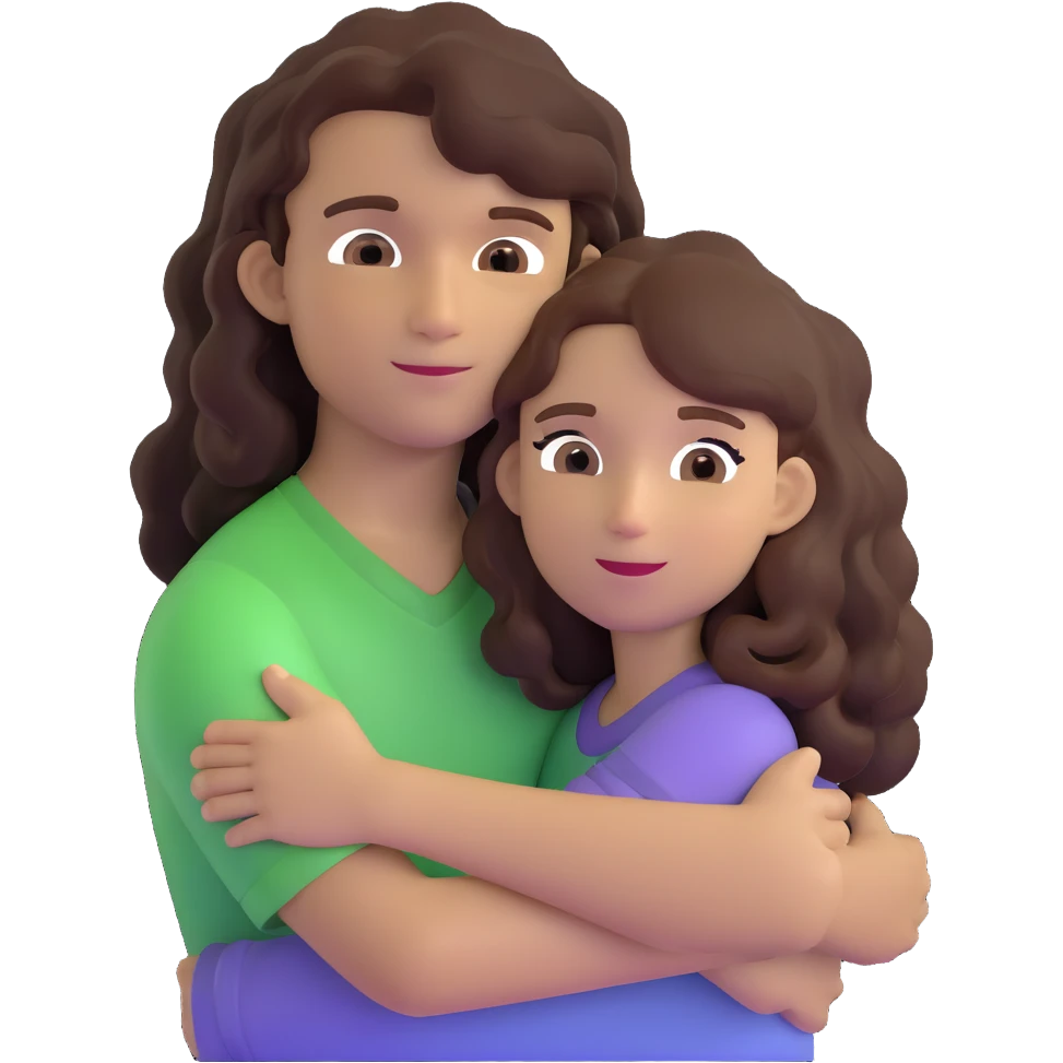 girl with long light brown hair and pale skin hugging a boy with black curly hair and tanned skin emoji
