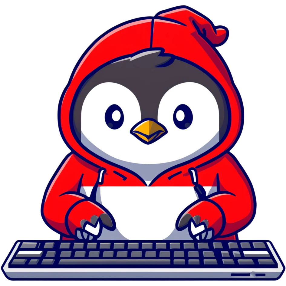 A penguin wearing a red hoodie looking focused while typing on a mechanical keyboard emoji