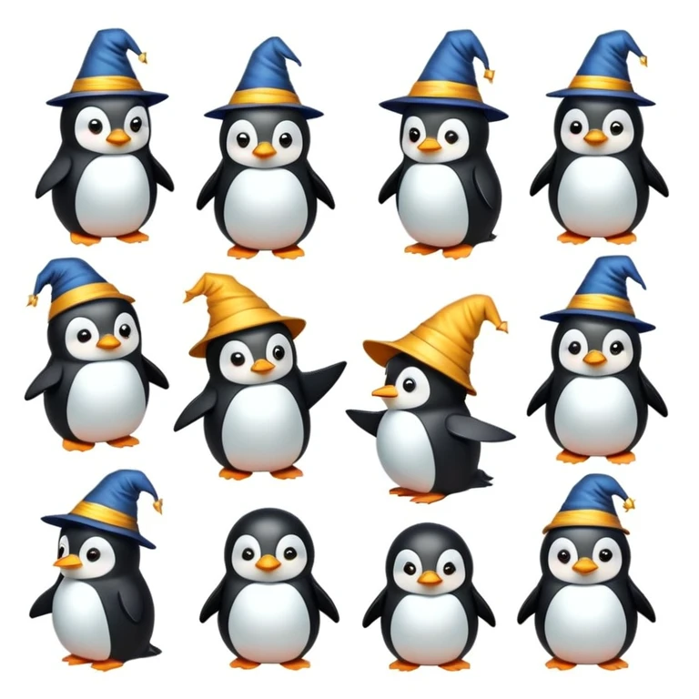Create 12 penguin wizzard cartoon-style stickers, each showing a different expressive emotion: surprise, disappointment, joy, anger, sadness, kiss, wink, admiration, disgust, boredom, horror, and fun. emoji