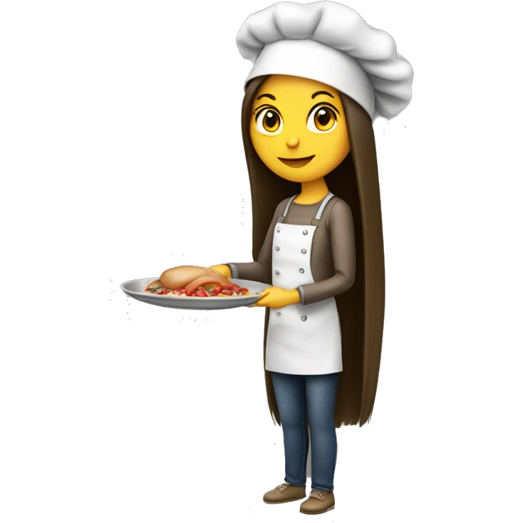 Brunette long straight hair girl making dinner in a cook hat emoji