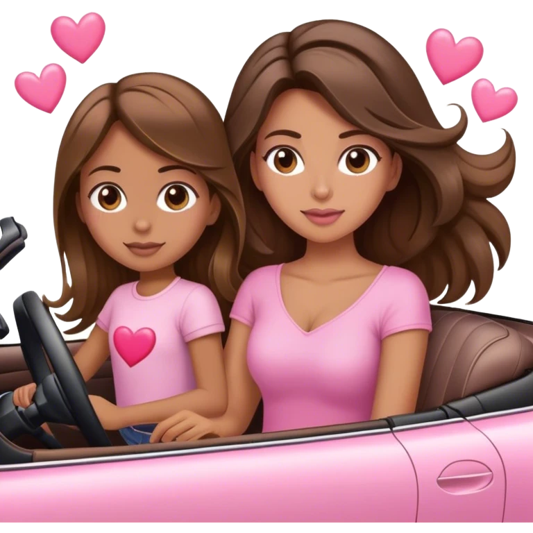 A mom brown long balayage Hair and one daughter Children brown hair,  driving in pink convertible with hearts  emoji