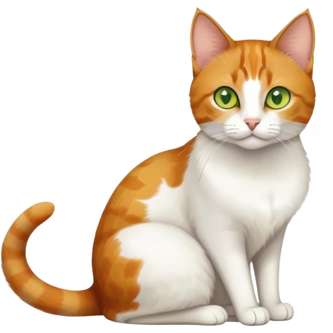 A mix breed cat (domestic shorthair and Arabian mau) sitting, with white fur, three ginger spots on its back, a ginger tail, and yellow-green eyes emoji