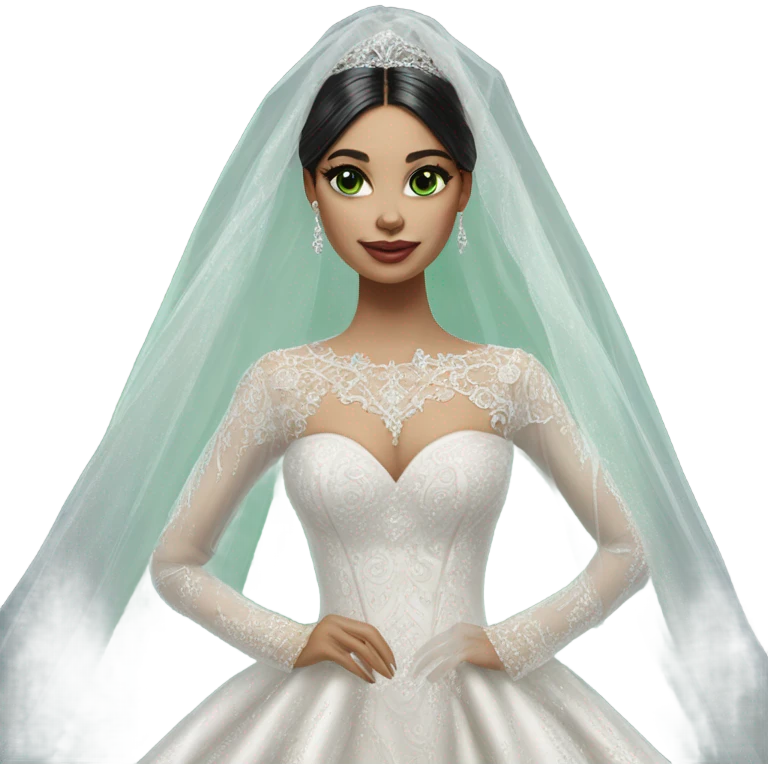 Hyper Realistic ornate ballgown long sleeve Wedding dress with diamanté on Russian bride with pale skin and green eyes and long black hair with veil hyper realistic  emoji